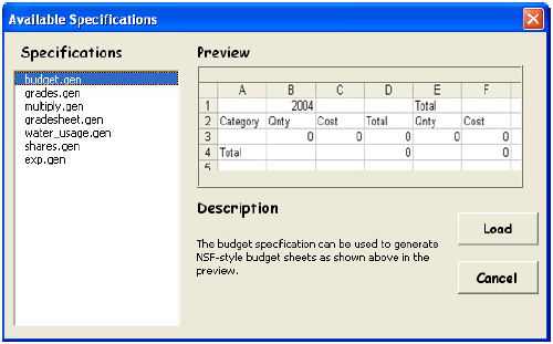 Interface for loading Gencel specifications