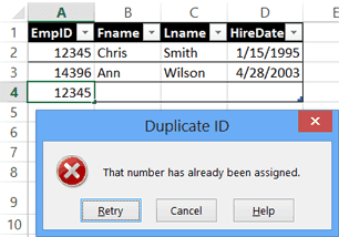 Block duplicate entries in Excel table