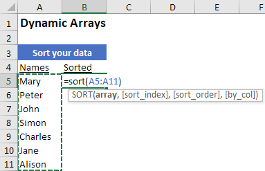 Preview of dynamic arrays in Excel